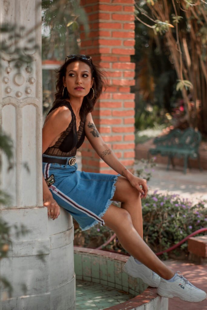 Tropical Vacation Denim Mini Skirt Outfit